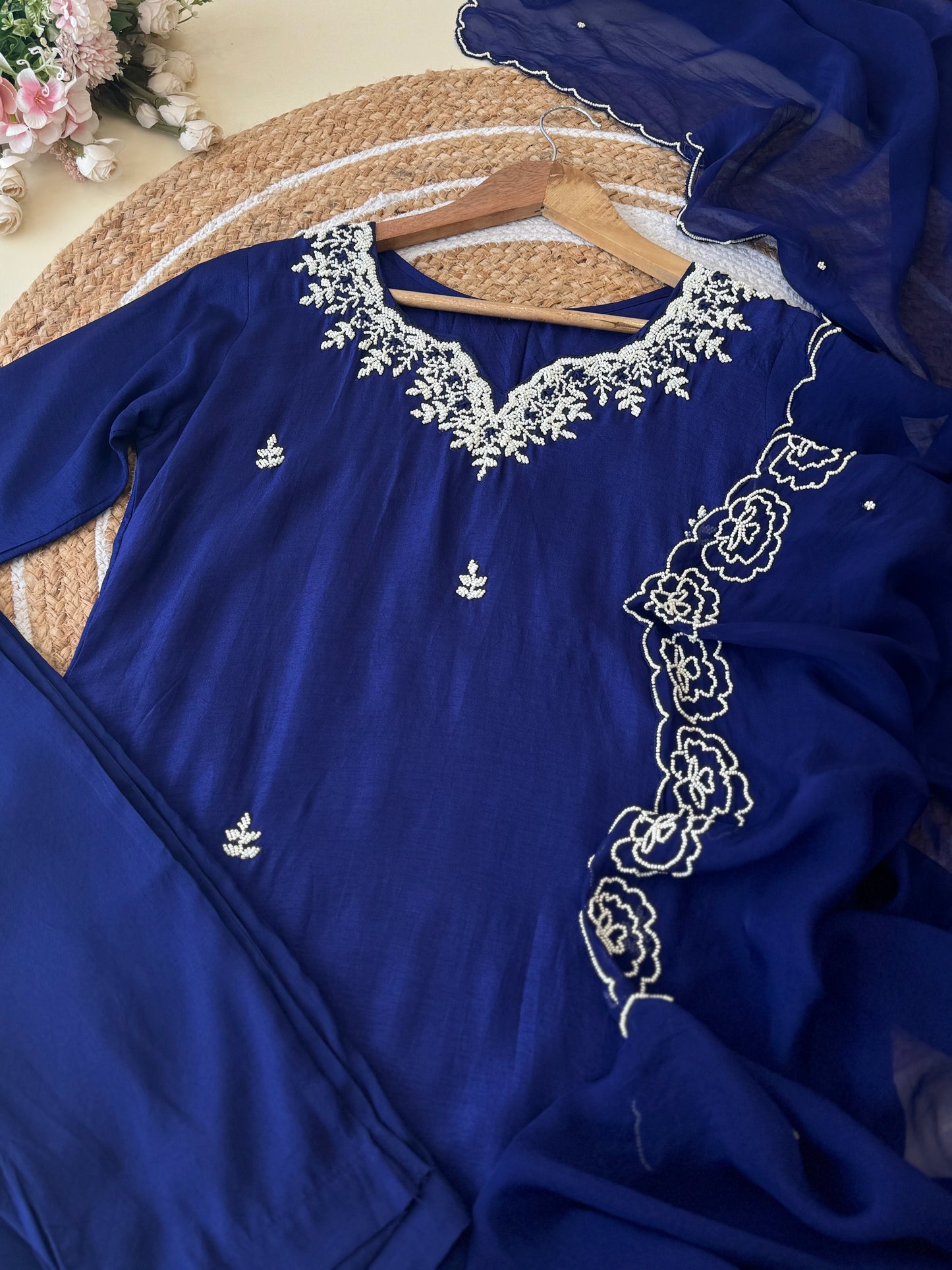 Russian silk suit with organza pearl embellished dupatta-3984