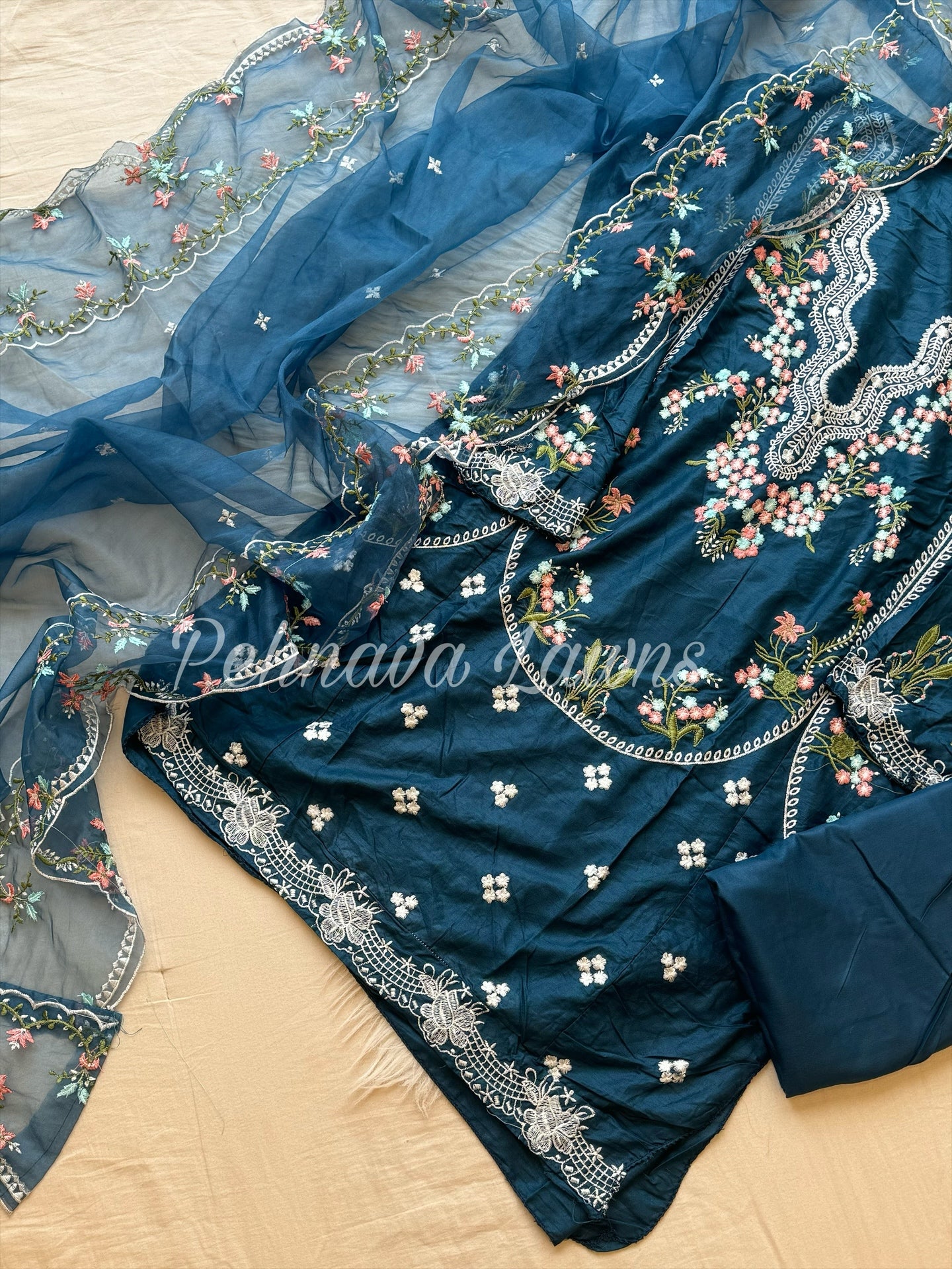 Rayon heavy embroidered semi stitch suit-blue