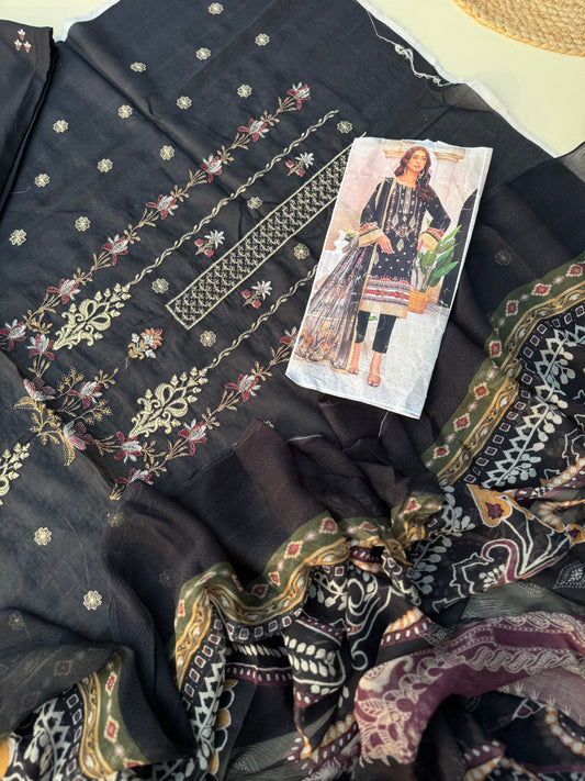 Pure lawn suit with full size chiffon dupatta-black