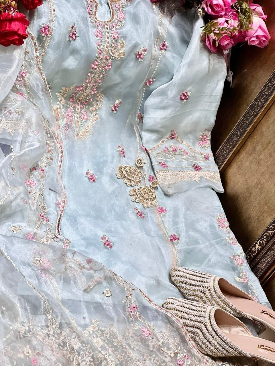 Organza embroidered suit-pastel blue