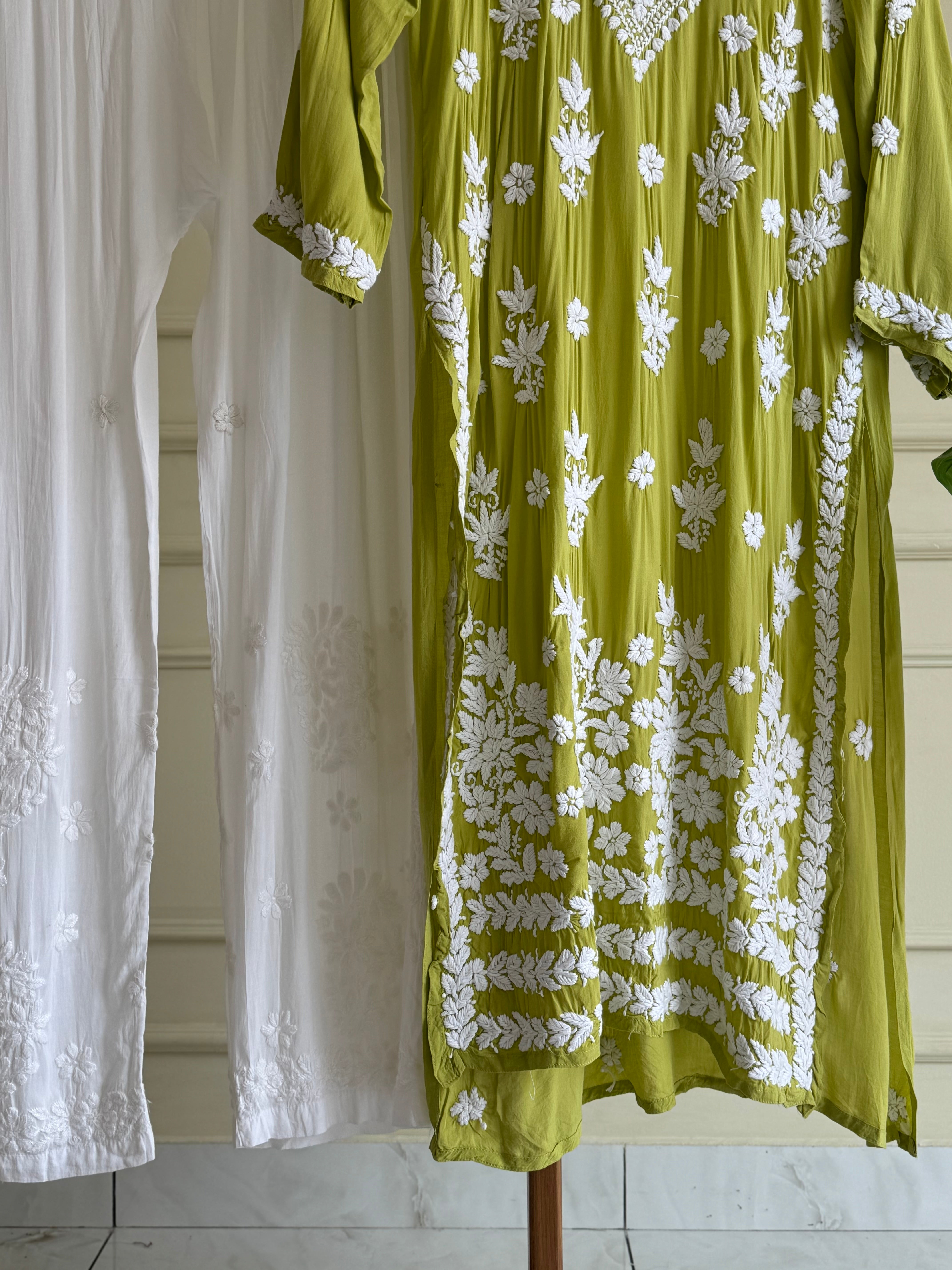 Authentic chikankaari embroidered suit-Lime green