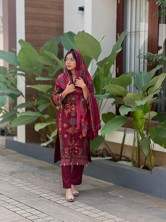 Embroidered cotton suit with chiffon dupatta - 0155