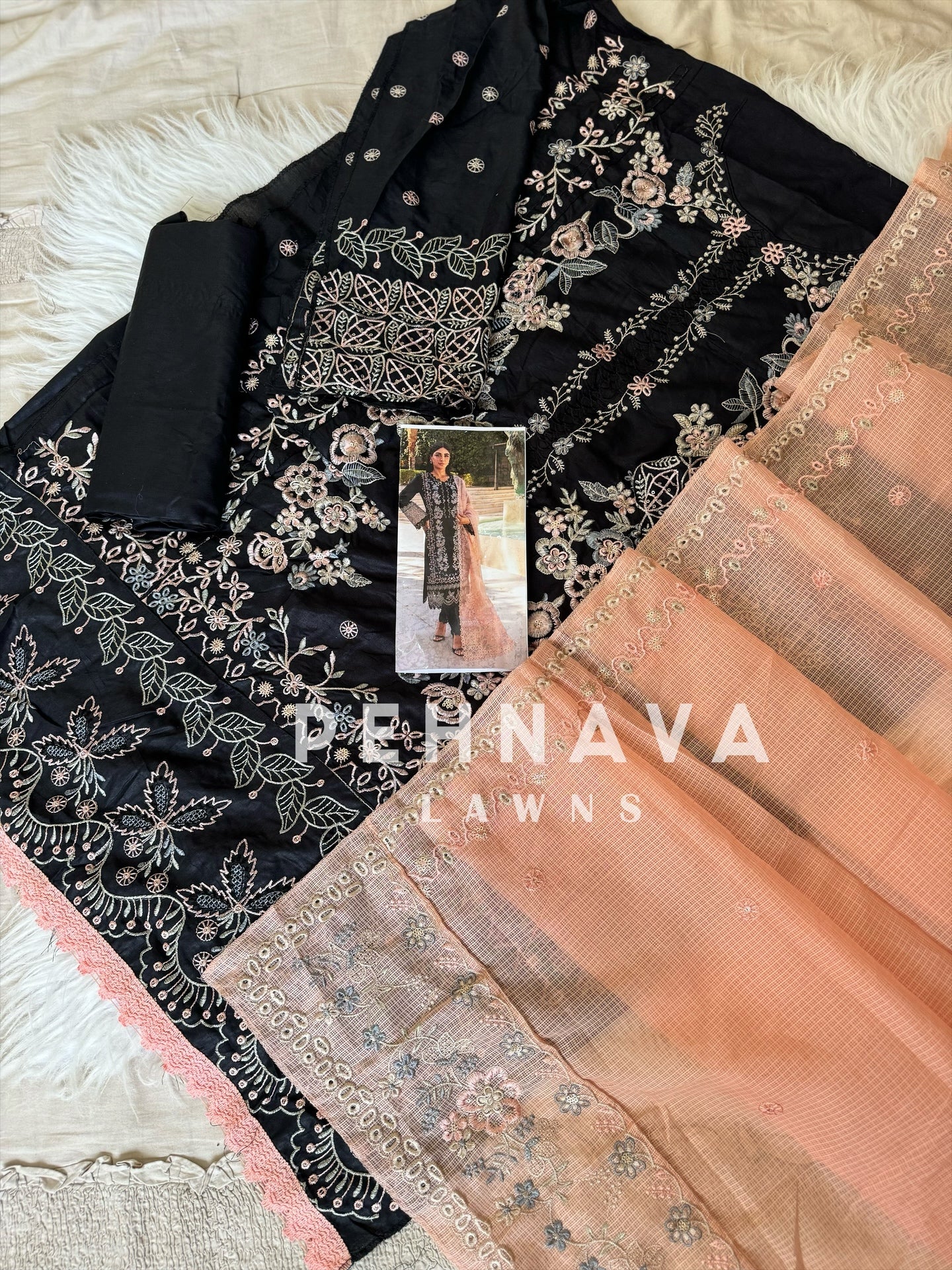 Black and peach combination rayon semi stitched suit