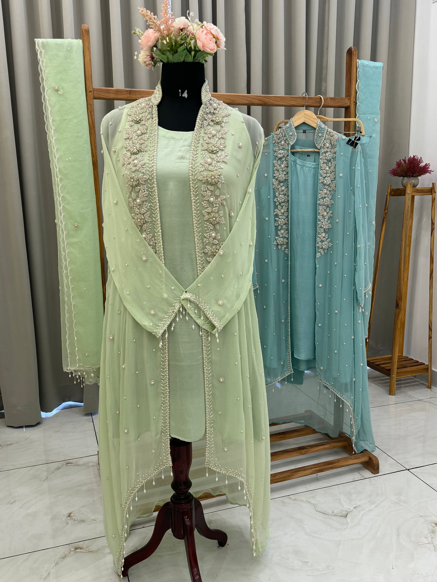 Premium Chiffon handworked jacket style with scalloped organza dupatta