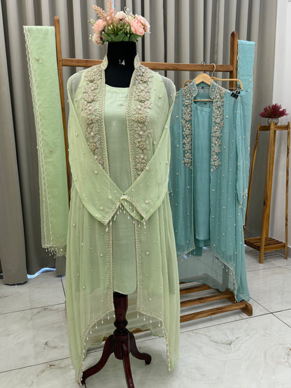 Premium Chiffon handworked jacket style with scalloped organza dupatta