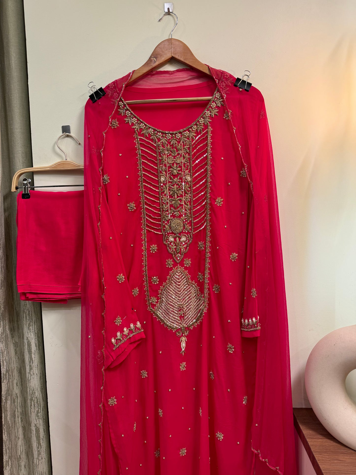 Premium chiffon handwork semi-stitched suit-hot pink