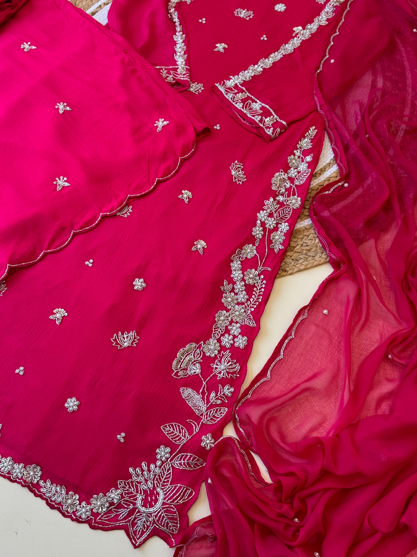 chinnon stitched suit with hand work detailings-hot pink