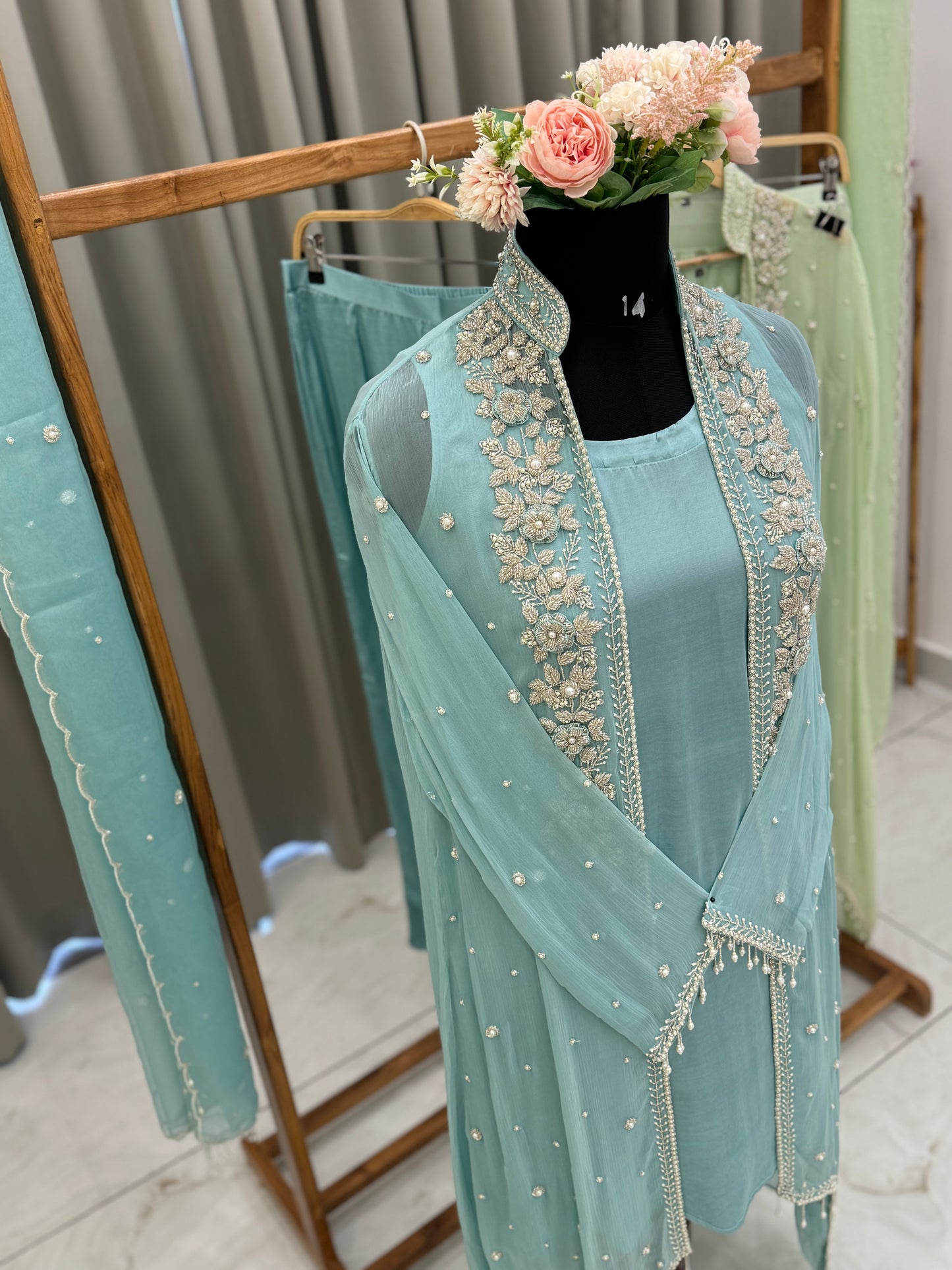 Premium Chiffon handworked jacket style with scalloped organza dupatta