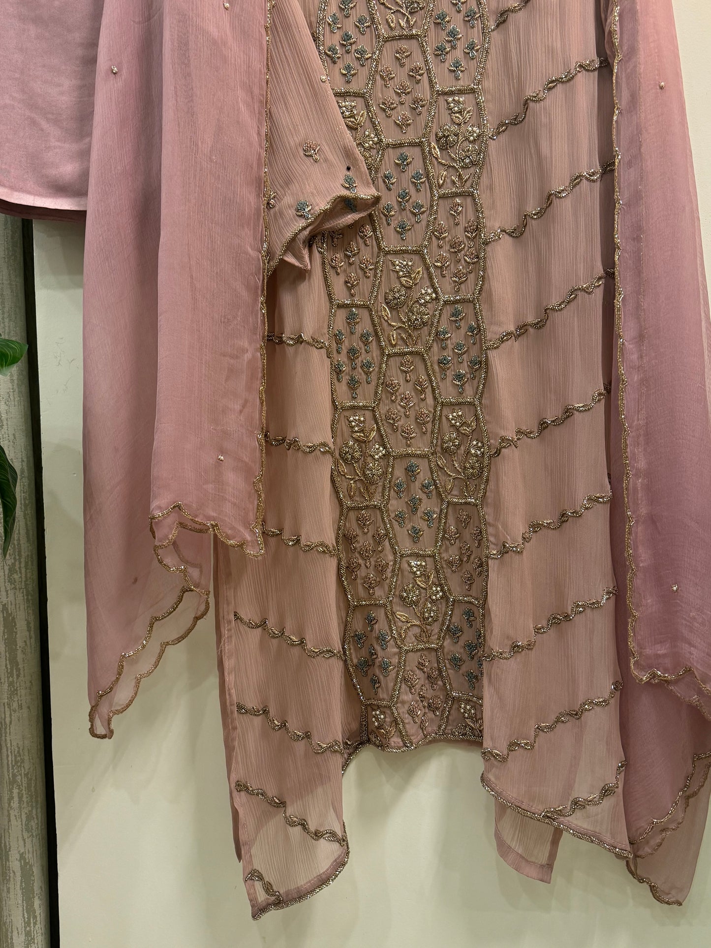 Premium chiffon handwork semi-stitched suit-mauve