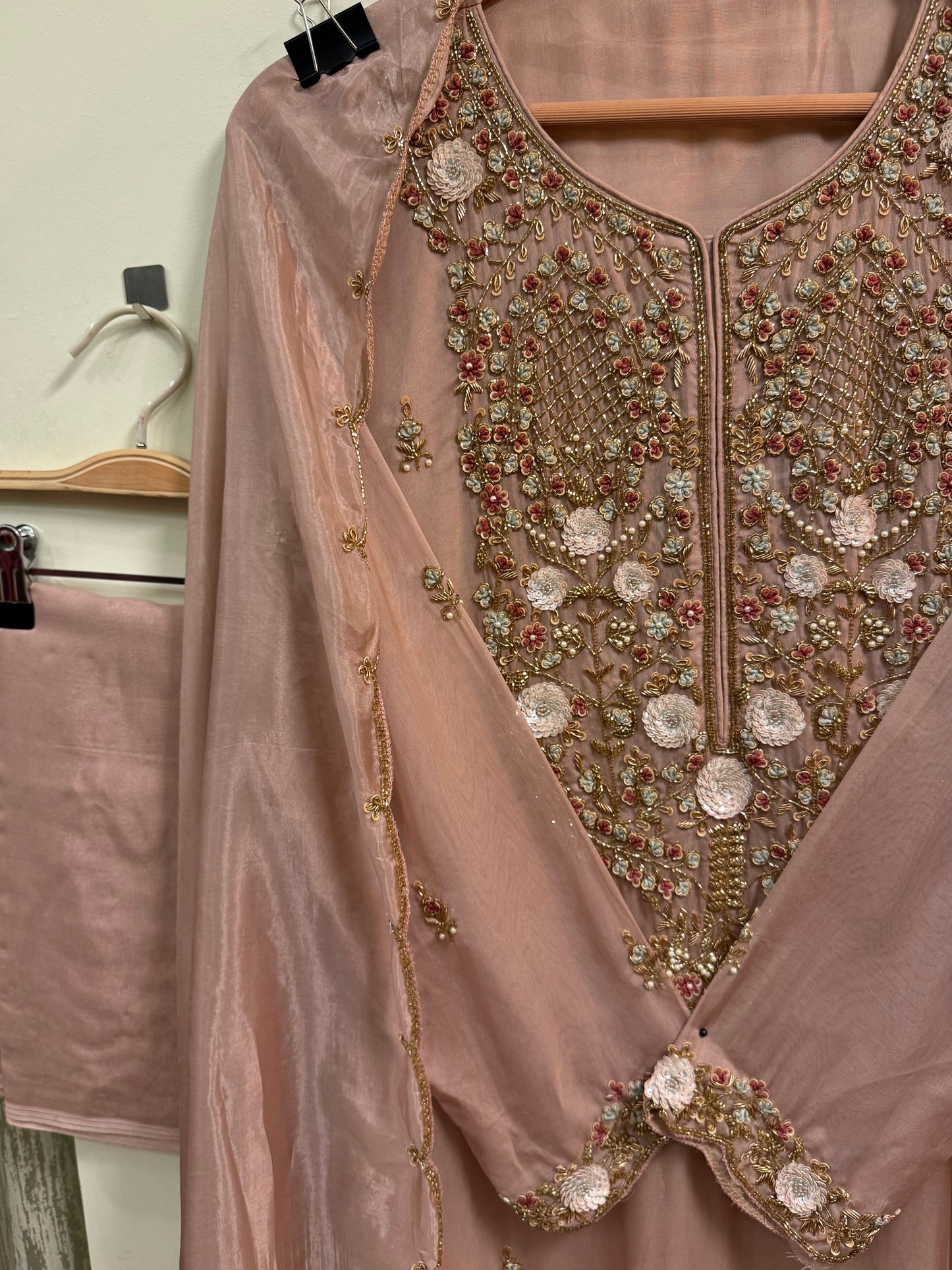 Premium organza handwork semi-stitched suit-mauve