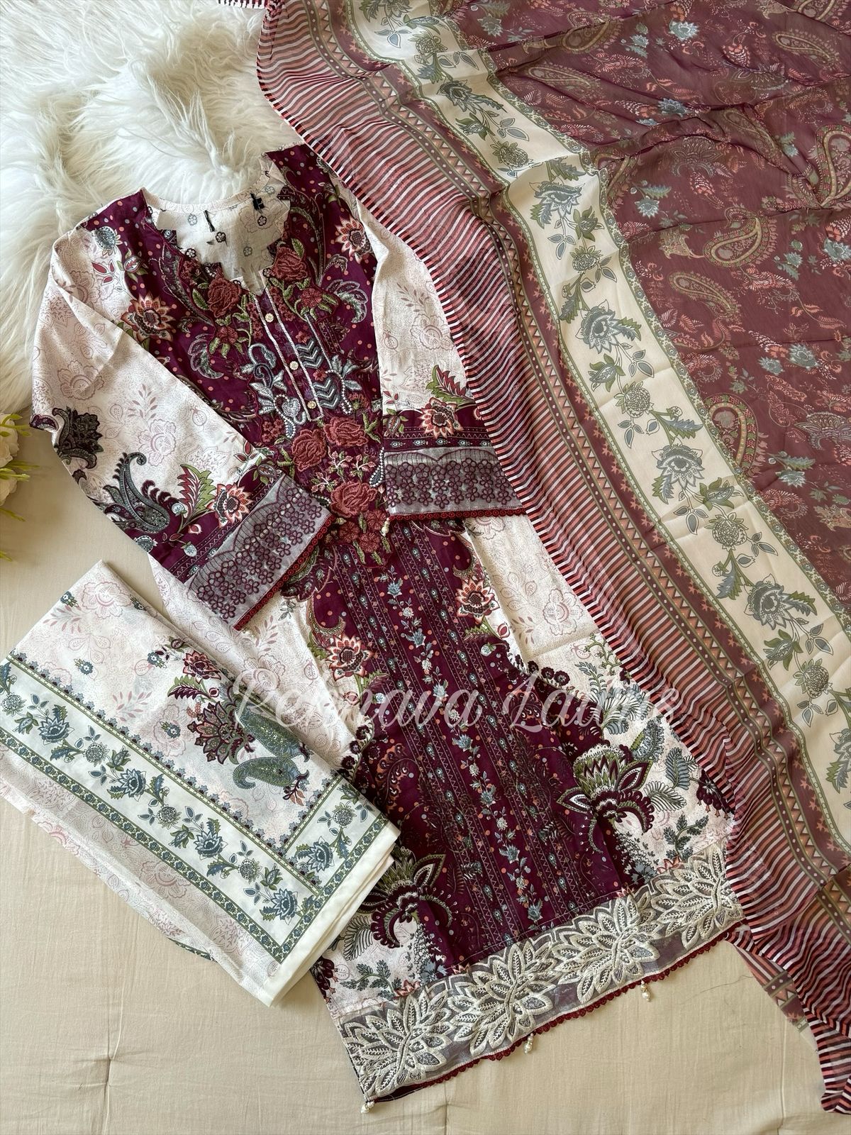 Cotton Embroidered Suit with Chiffon Dupatta & Matching printed Bottom -  Ready to wear