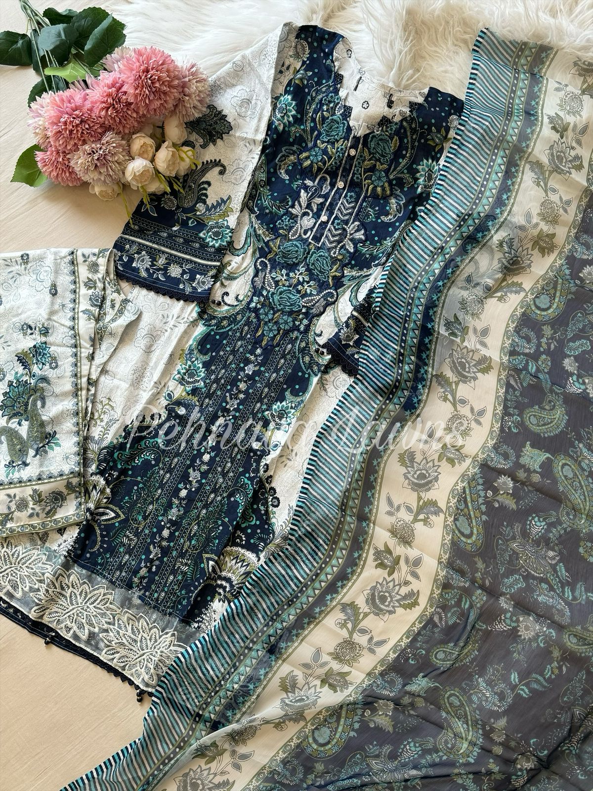 Cotton Embroidered Suit with Chiffon Dupatta & Matching printed Bottom -  Ready to wear