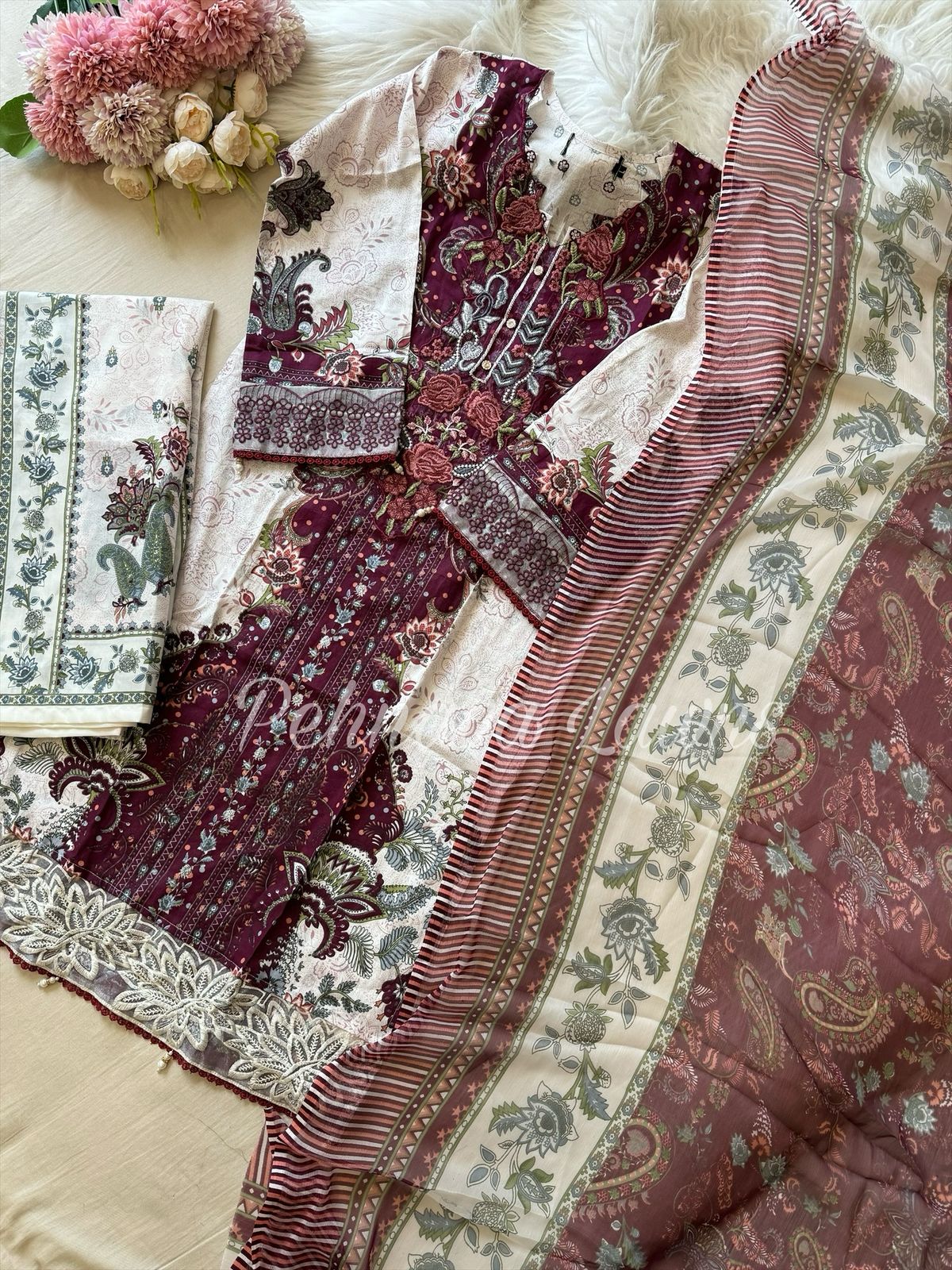 Cotton Embroidered Suit with Chiffon Dupatta & Matching printed Bottom -  Ready to wear