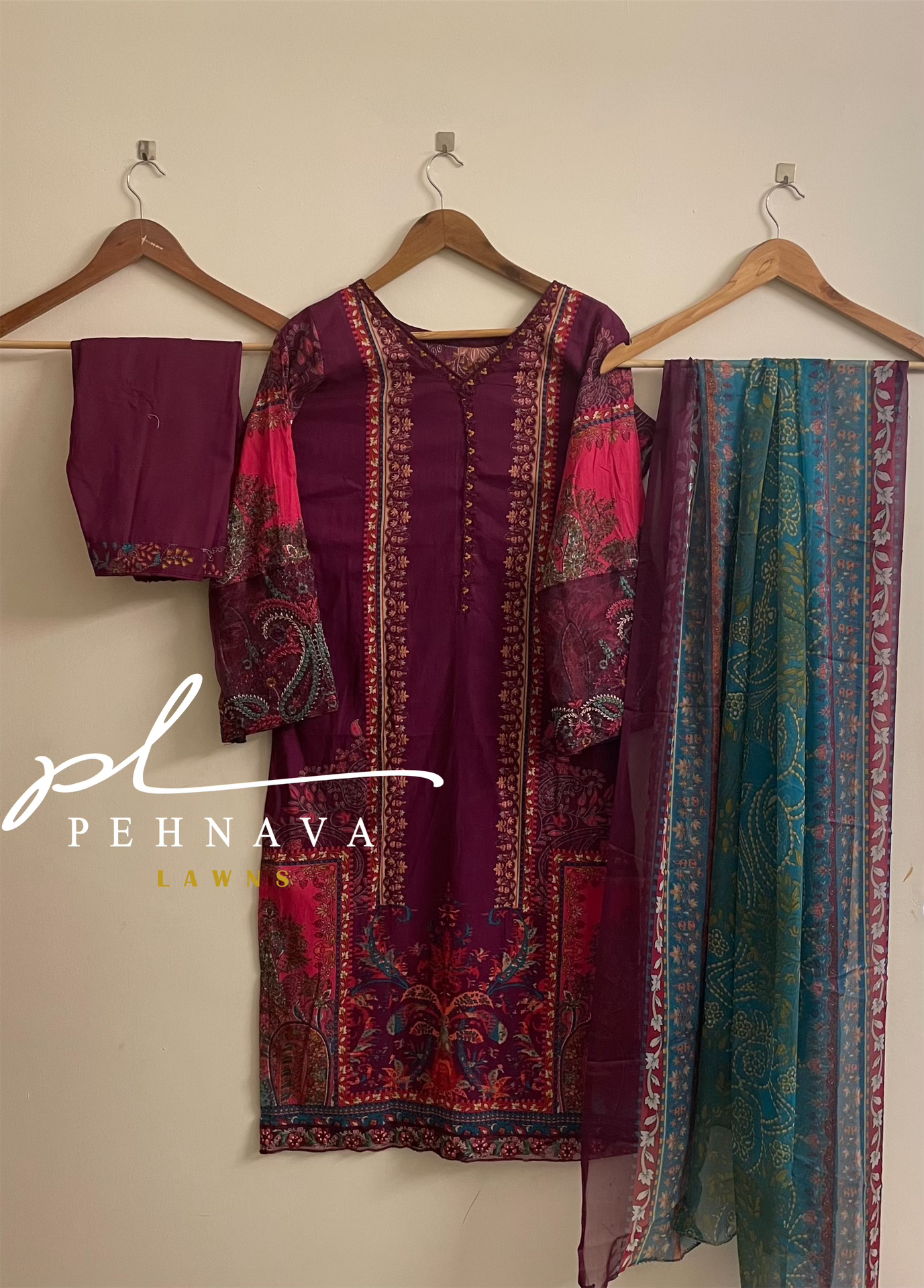 Purple Printed casual suit with chiffon dupatta