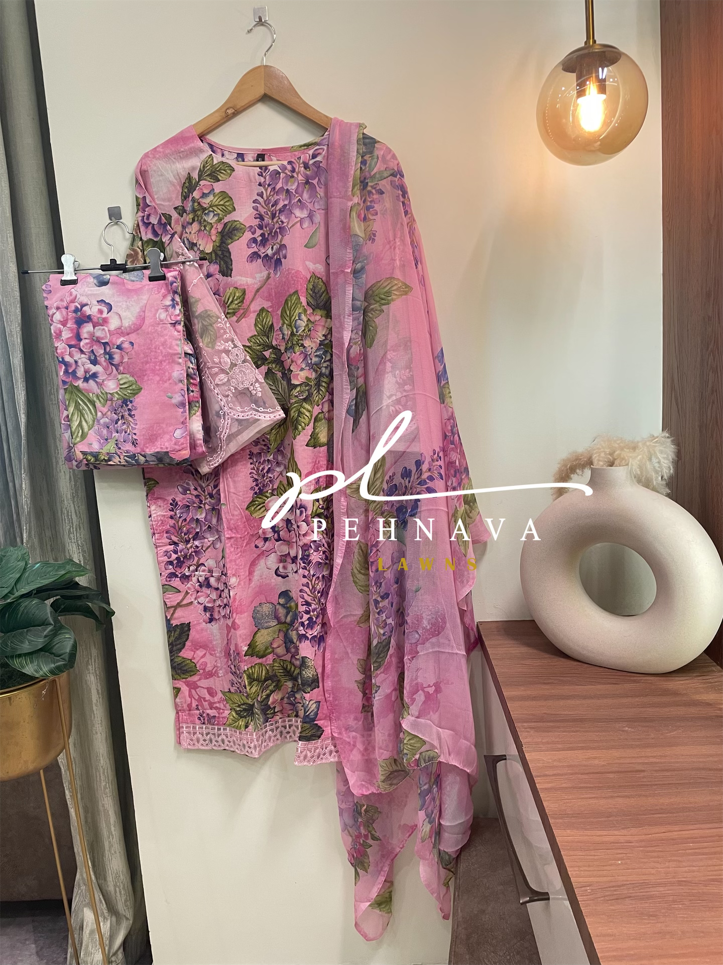 Printed casual suit with chiffon dupatta-3194