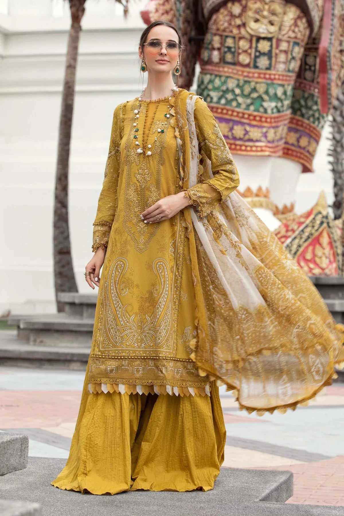 Printed yellow casual suit with chiffon dupatta-3197