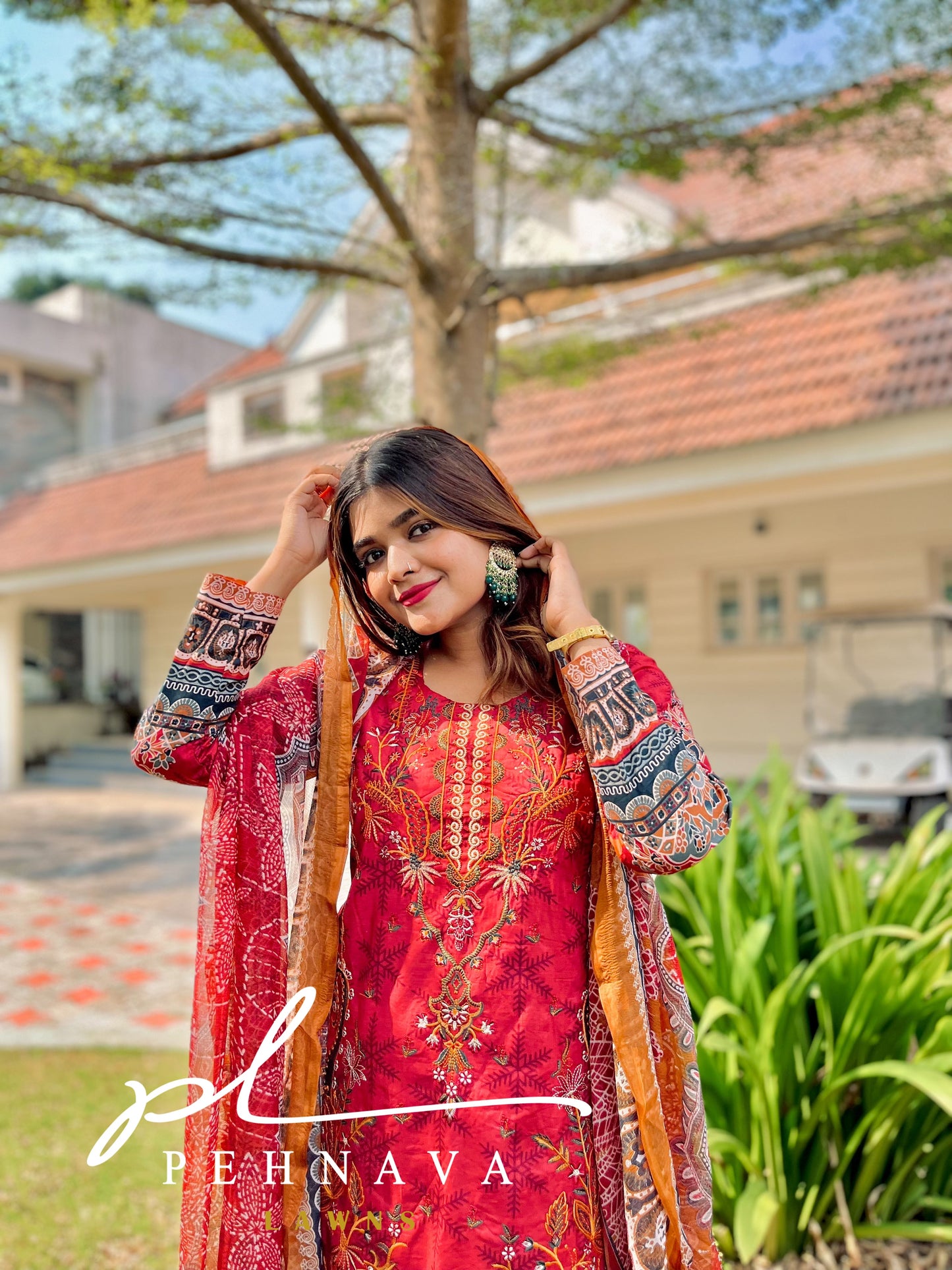 Brick red chevron casual wear - Pehnava Lawns