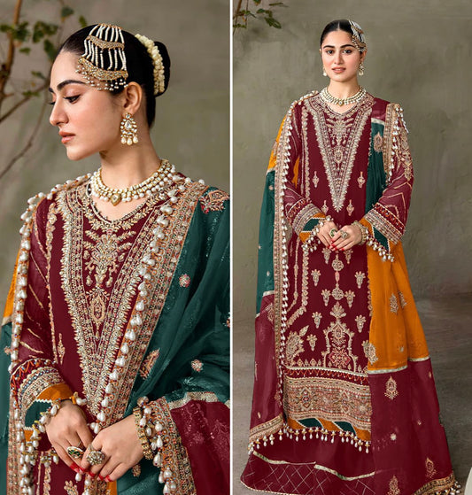 Georgette embroidered party wear -meroon