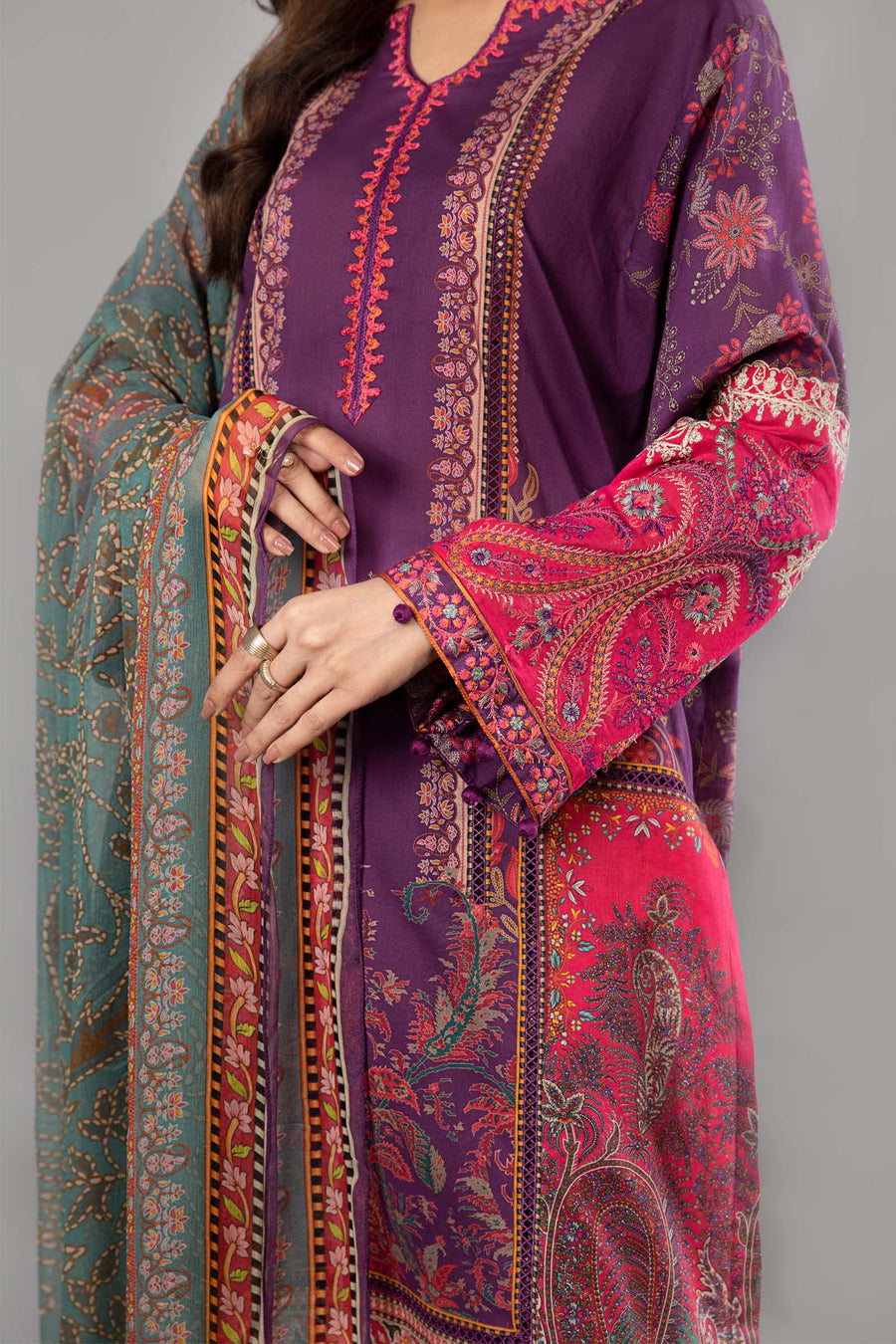 Purple Printed casual suit with chiffon dupatta