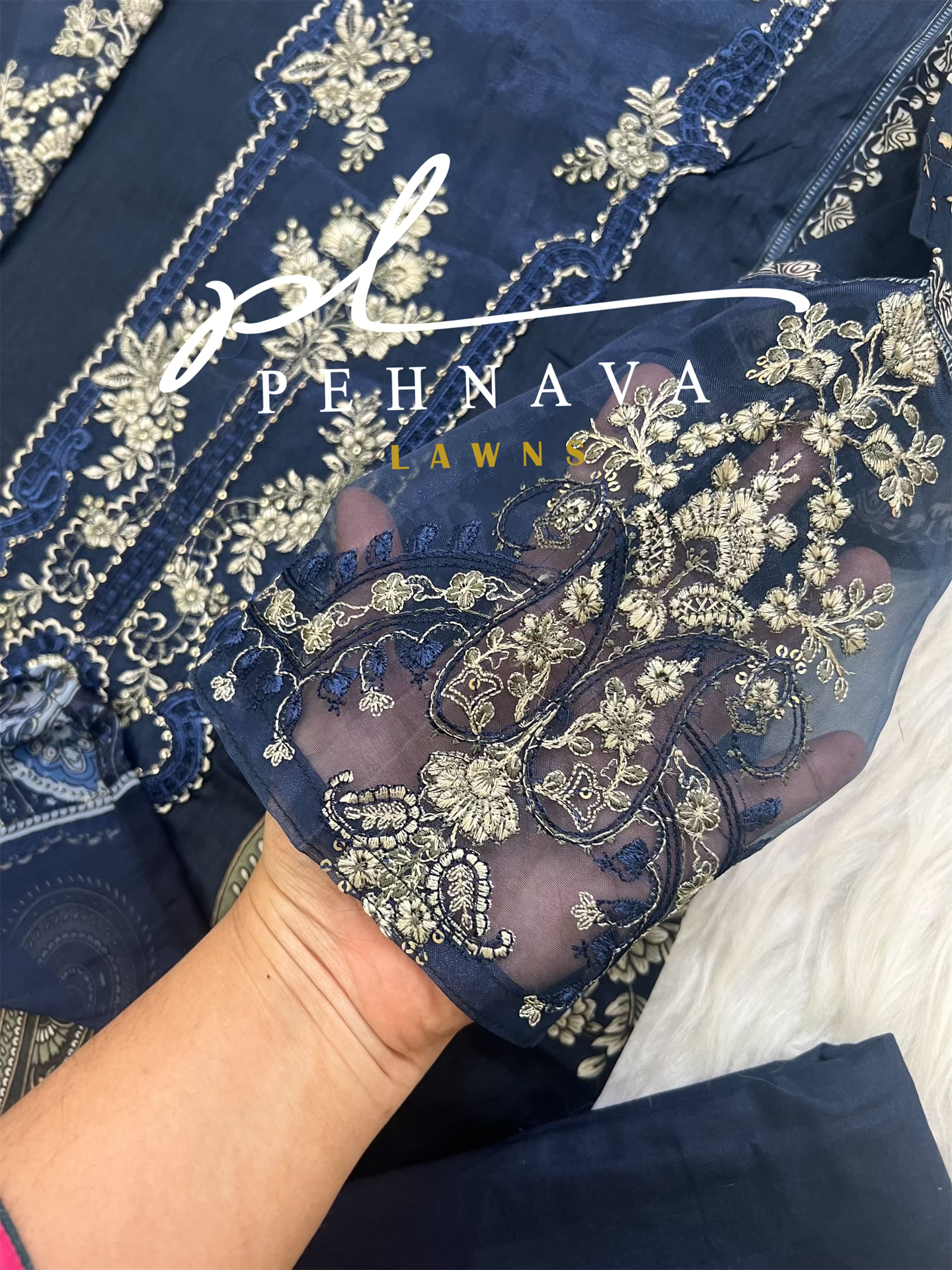 Navy blue Printed casual suit with chiffon dupatta -496