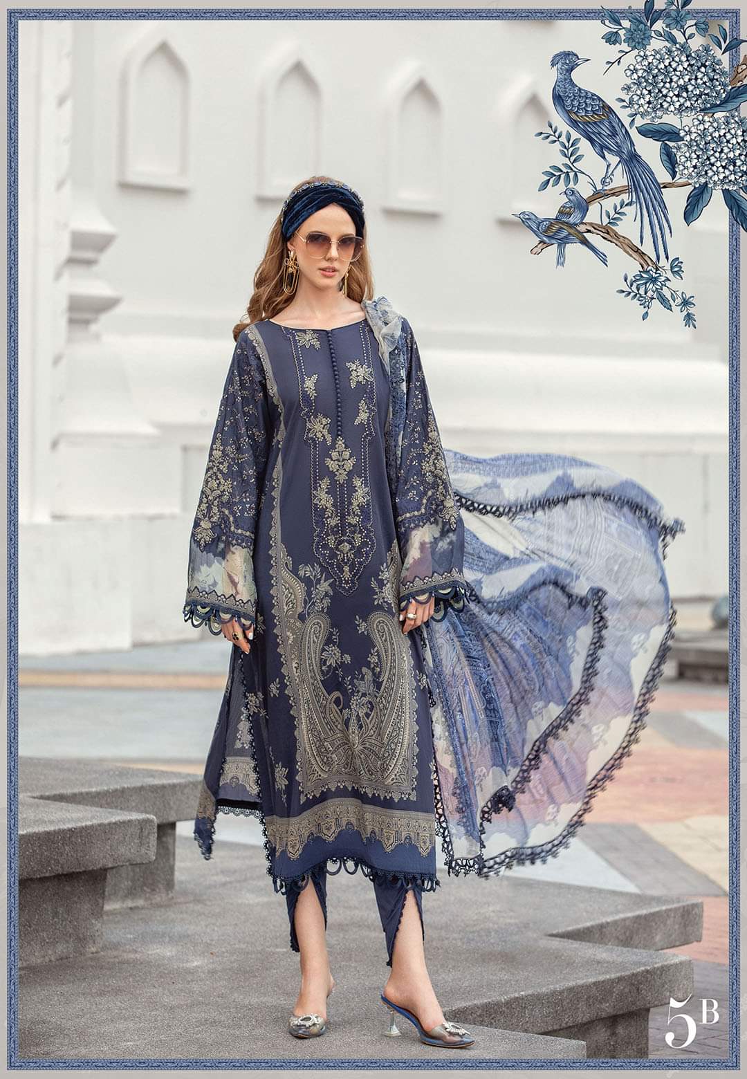 Navy blue Printed casual suit with chiffon dupatta -496