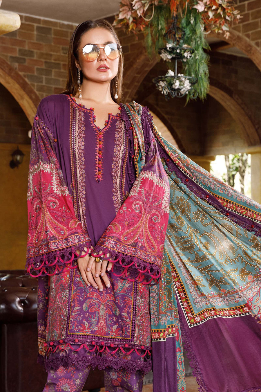 Purple Printed casual suit with chiffon dupatta