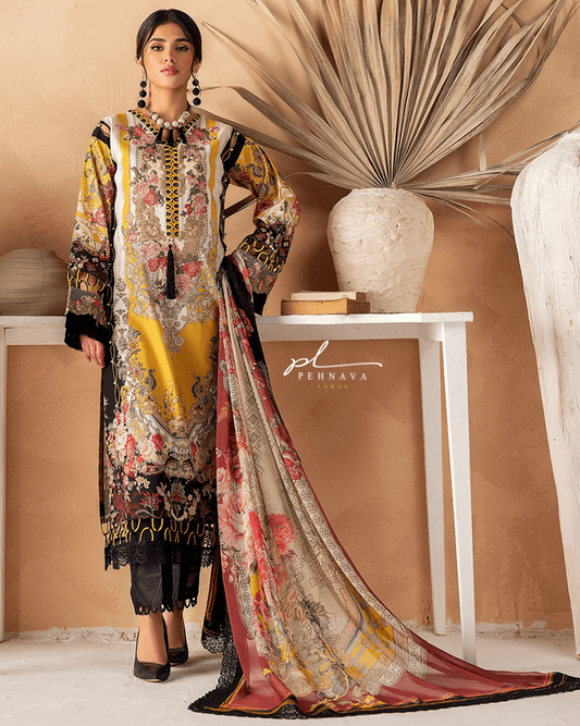 Printed yellow casual suit with chiffon dupatta - ayzel