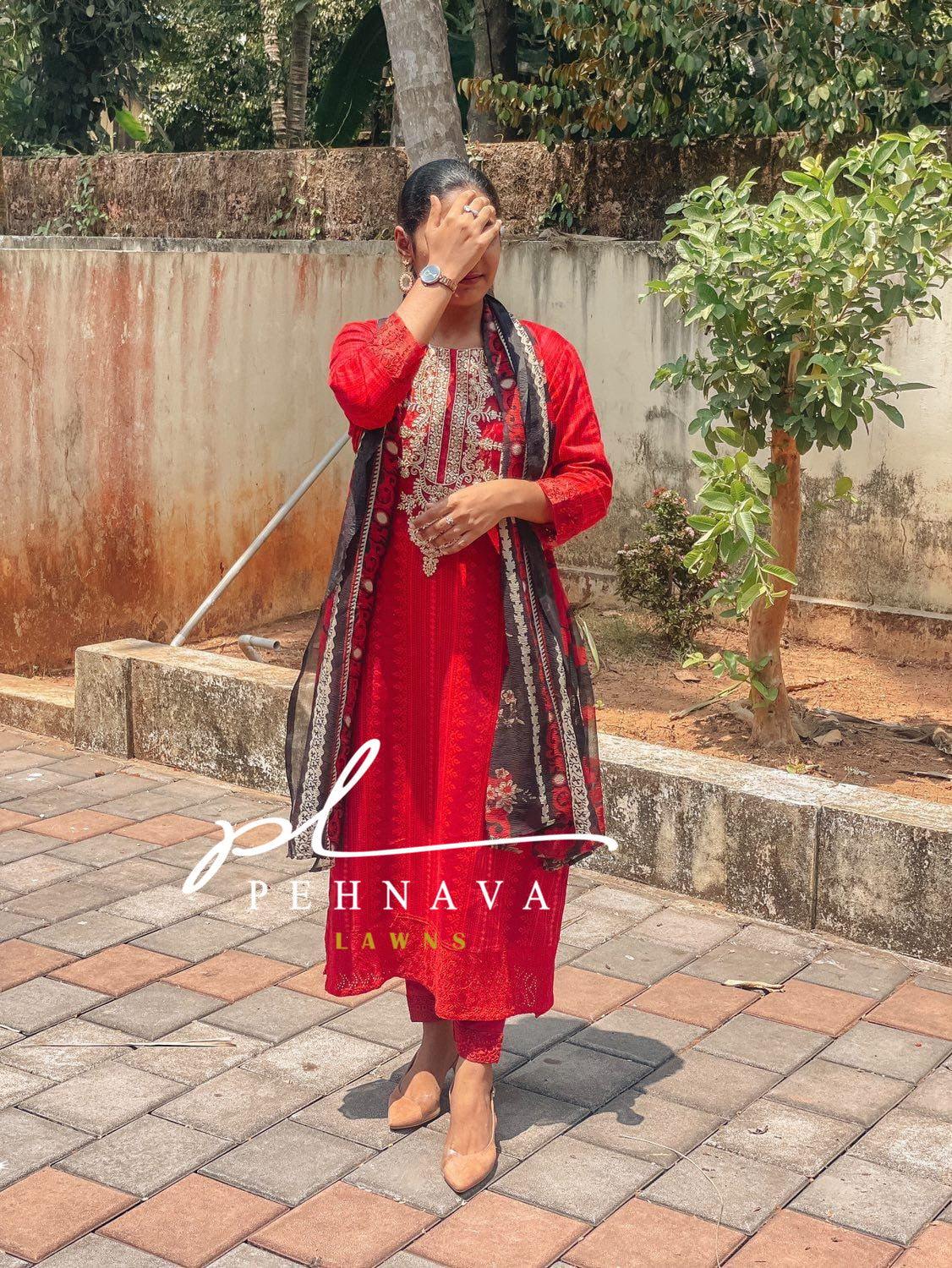 Red Printed suit with chiffon/cotton dupatta