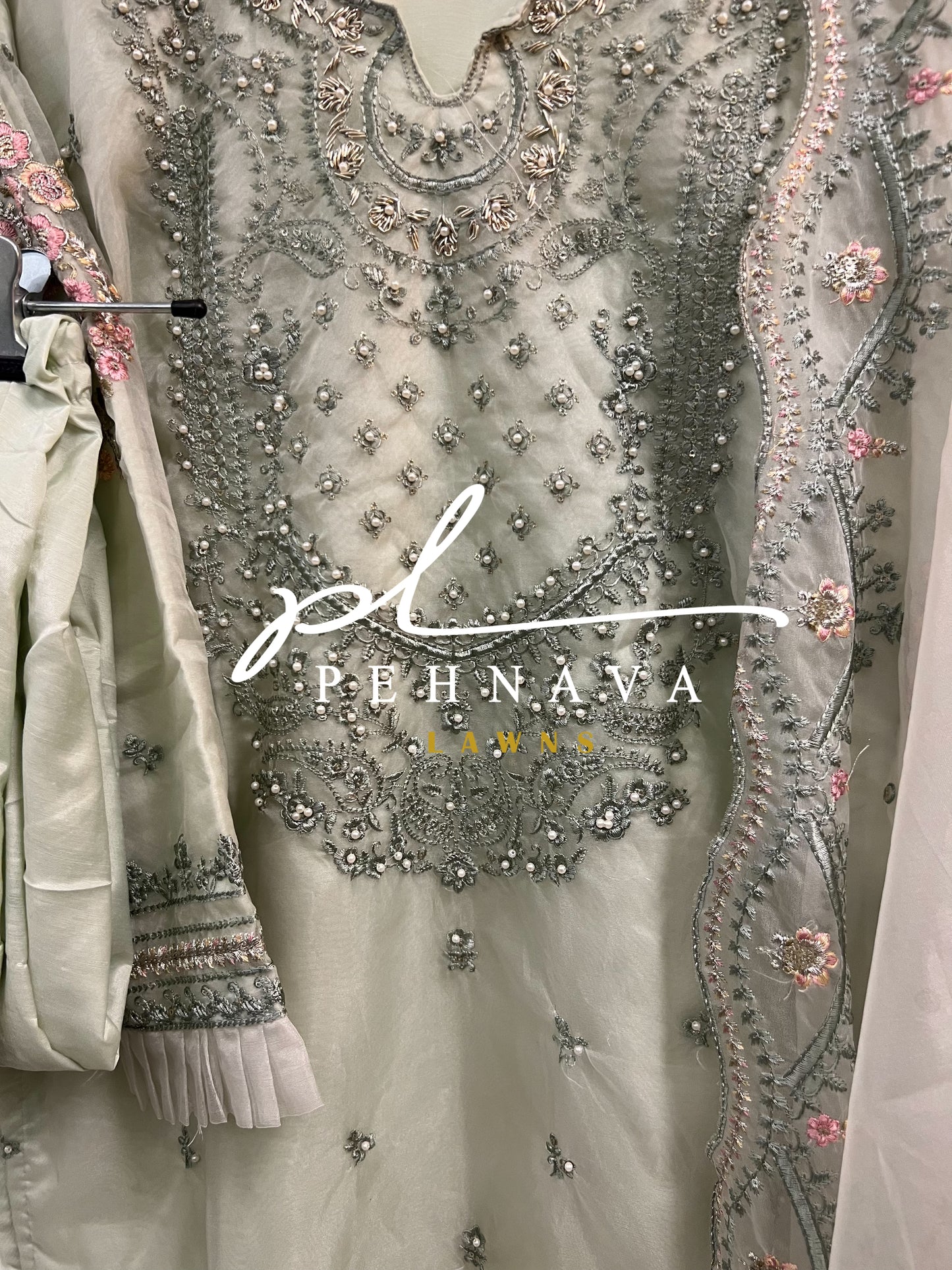 Pastel green organza embroidered suit