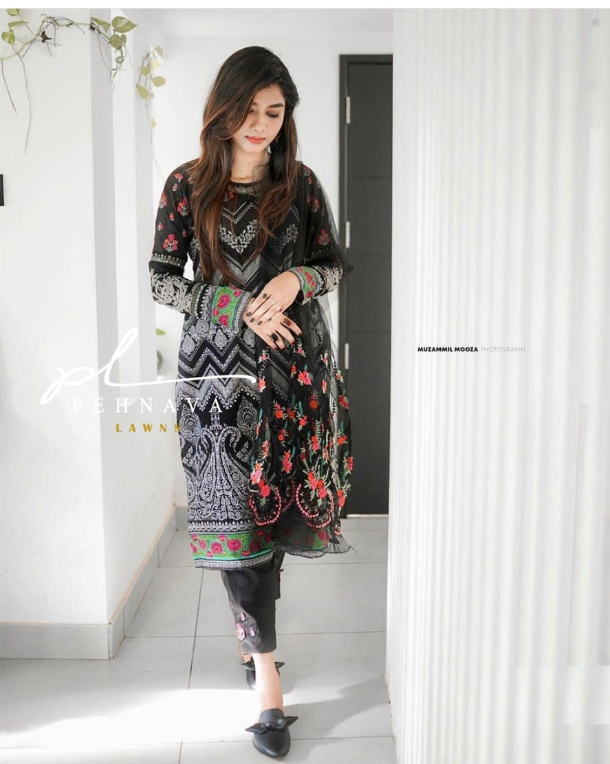 Beautiful black suit with net embroidered dupatta