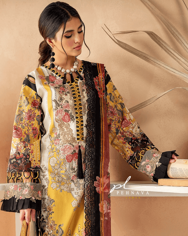 Printed yellow casual suit with chiffon dupatta - ayzel