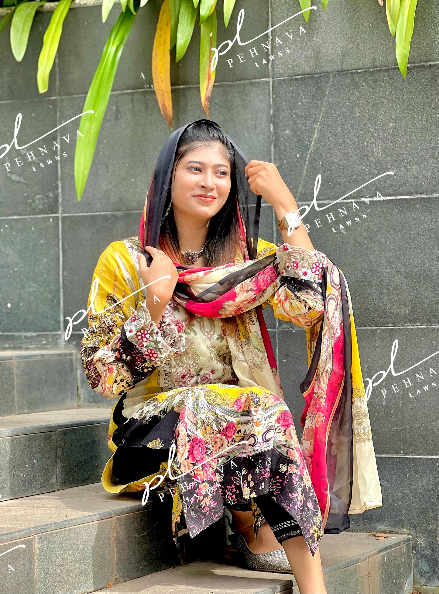 Printed yellow casual suit with chiffon dupatta - ayzel