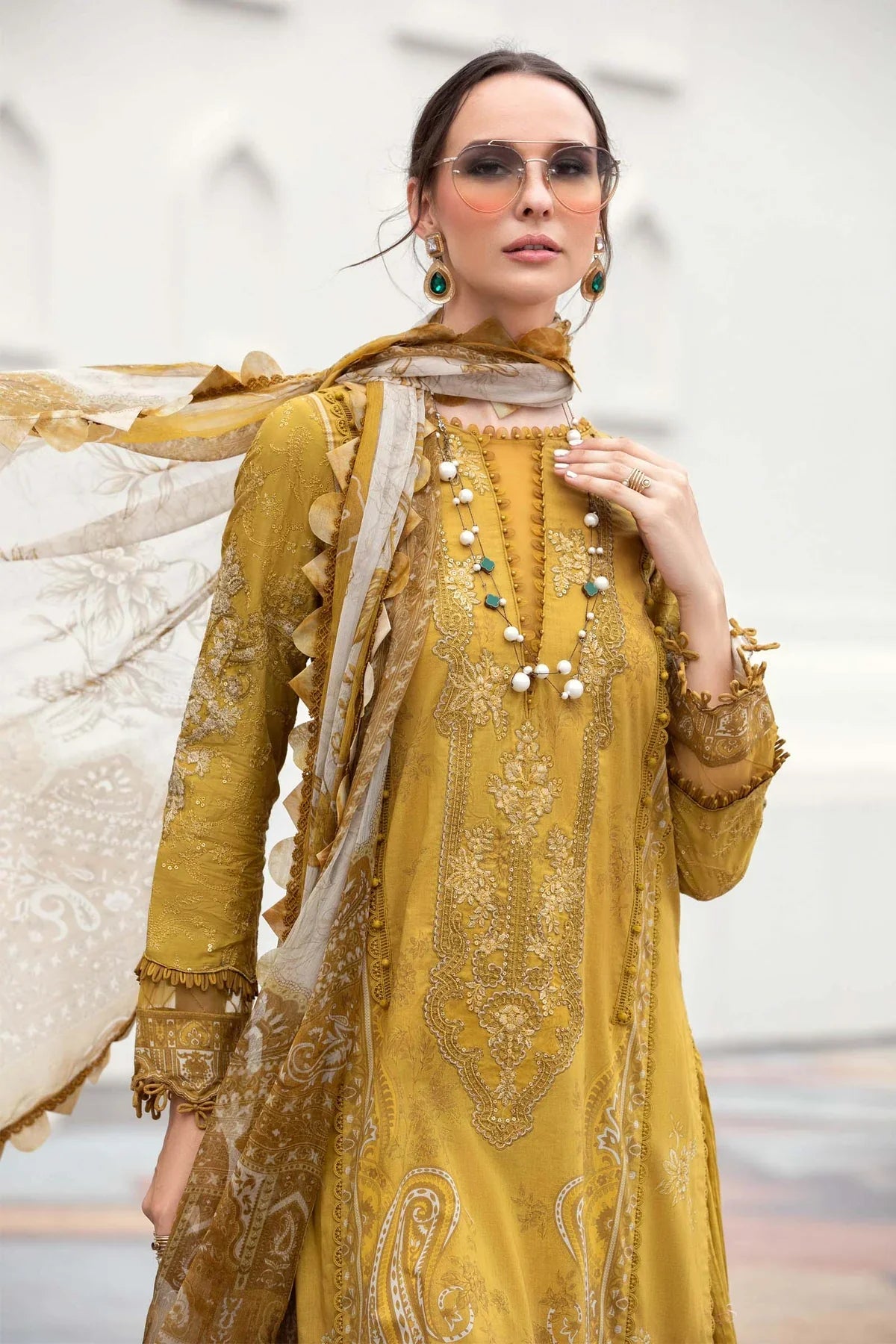 Printed yellow casual suit with chiffon dupatta-3197