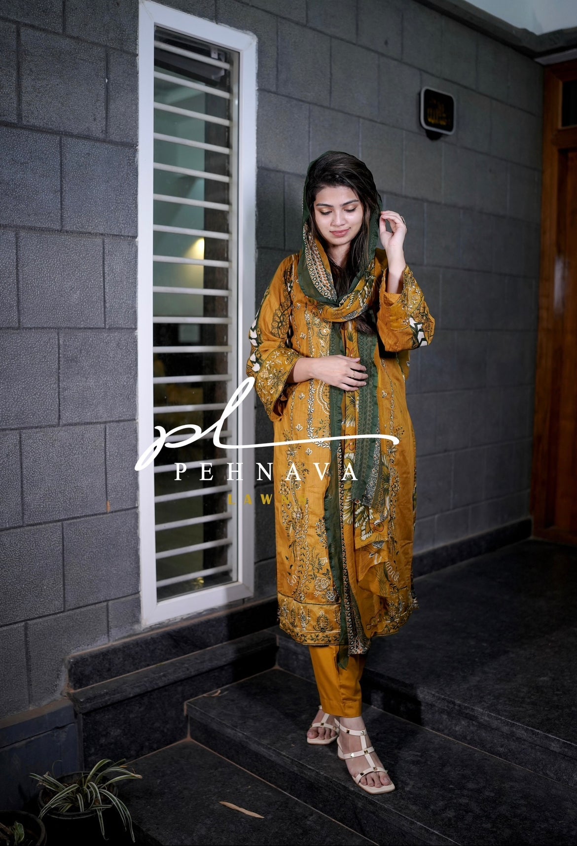 Fully embroidered mustard unstitched suit