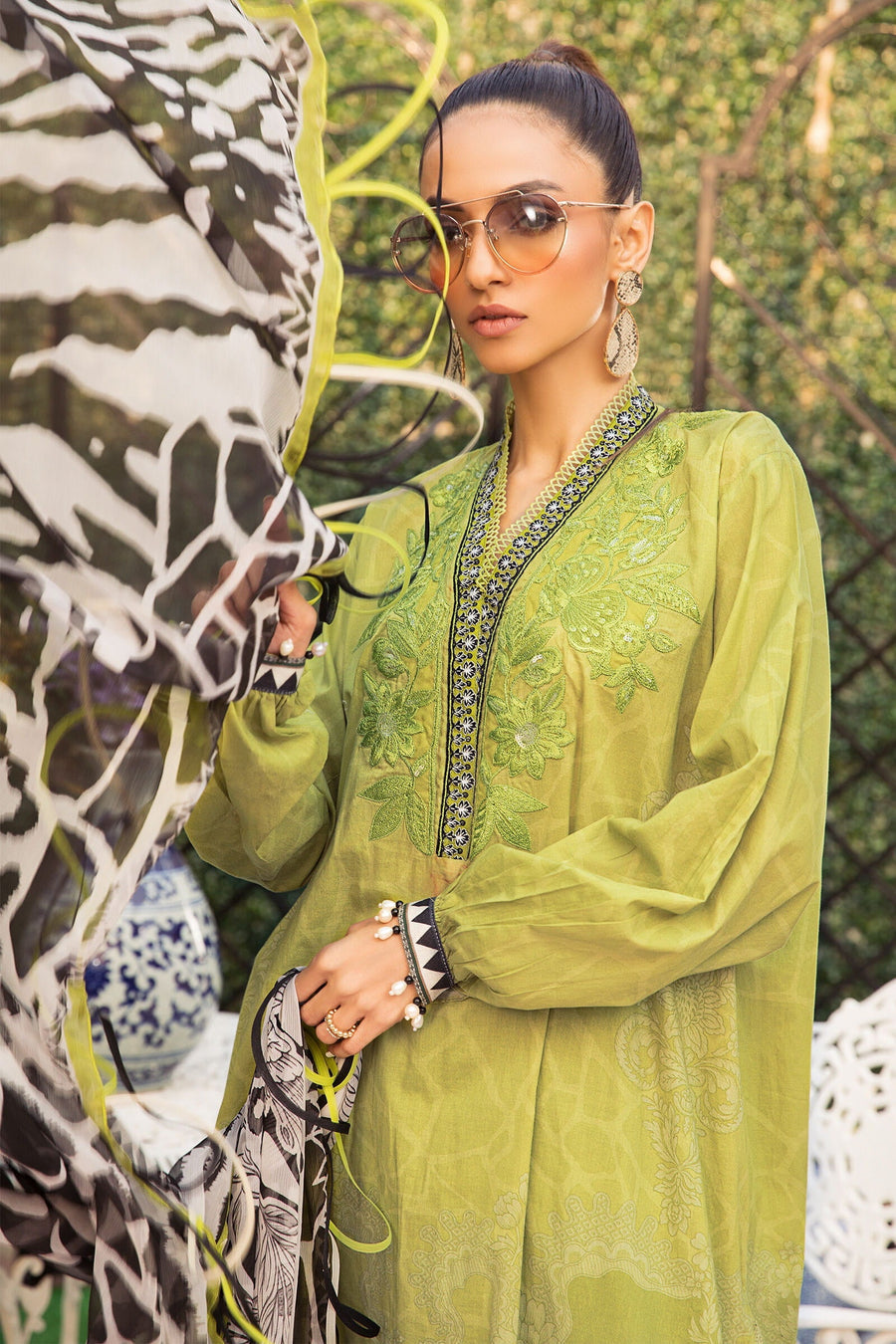 Green Printed casual suit with chiffon dupatta