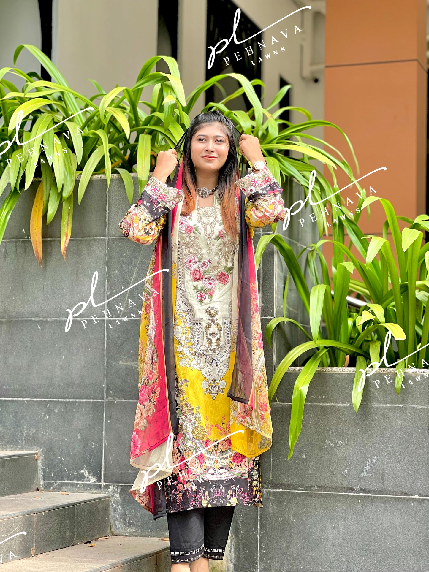 Printed yellow casual suit with chiffon dupatta - ayzel