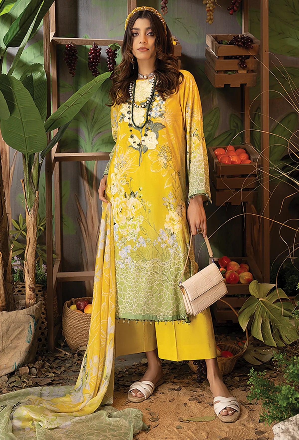 Yellow Printed casual suit with chiffon dupatta(AL)