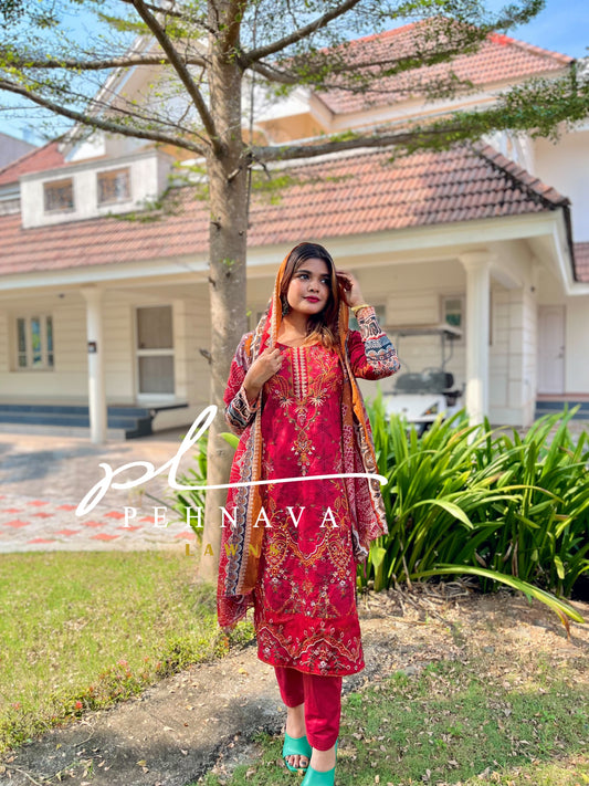 Brick red chevron casual wear - Pehnava Lawns