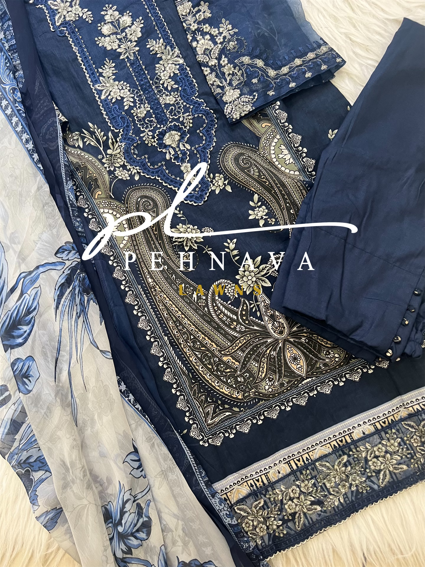 Navy blue Printed casual suit with chiffon dupatta -496