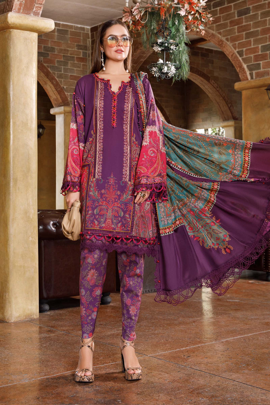 Purple Printed casual suit with chiffon dupatta