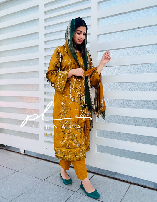 Fully embroidered mustard unstitched suit