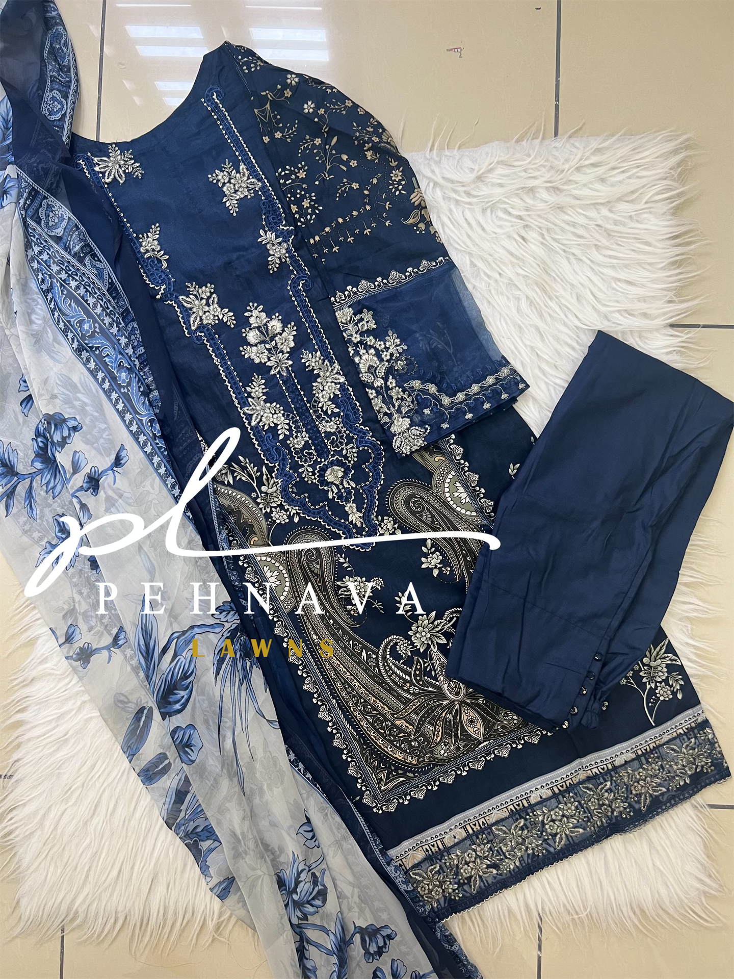 Navy blue Printed casual suit with chiffon dupatta -496