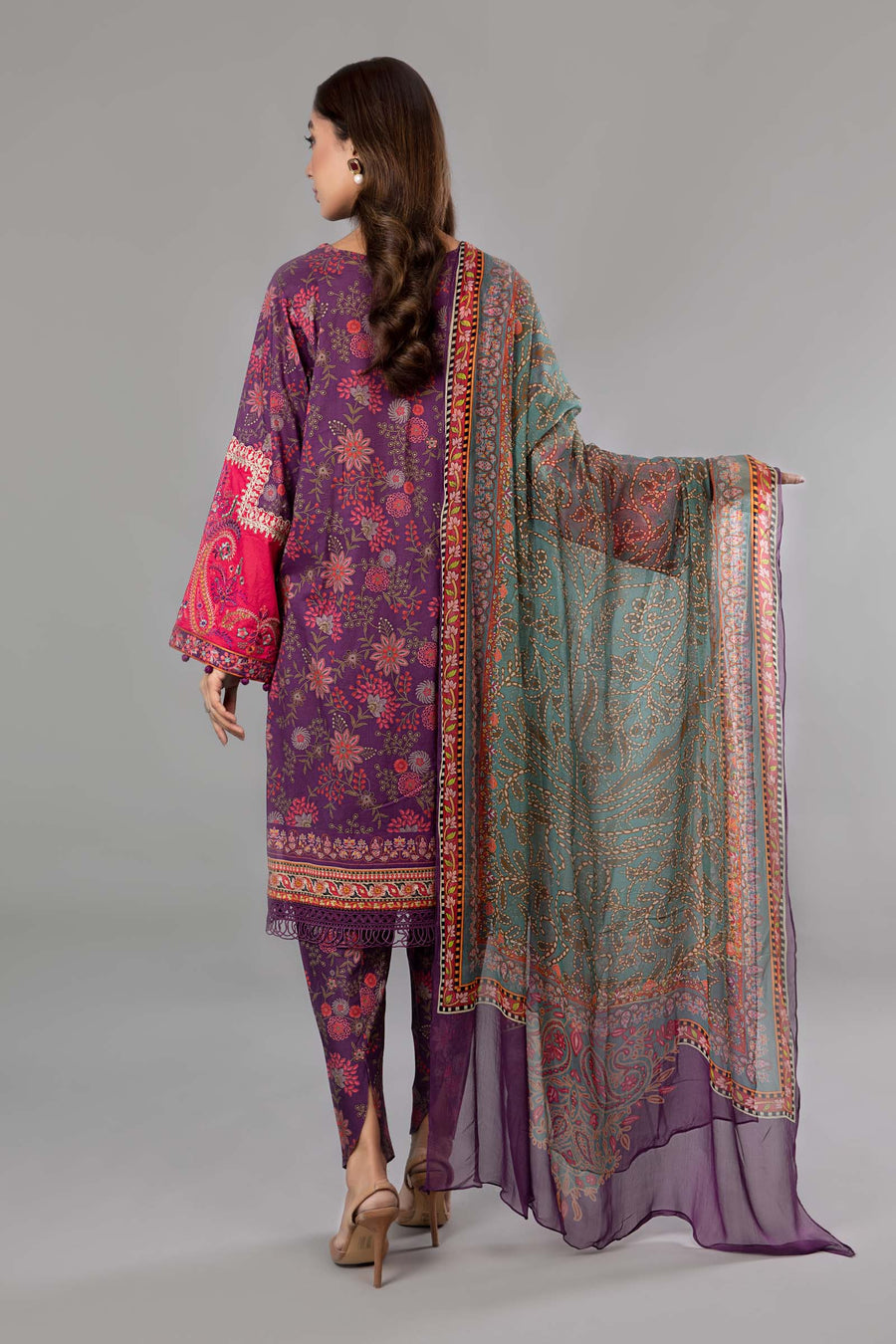 Purple Printed casual suit with chiffon dupatta