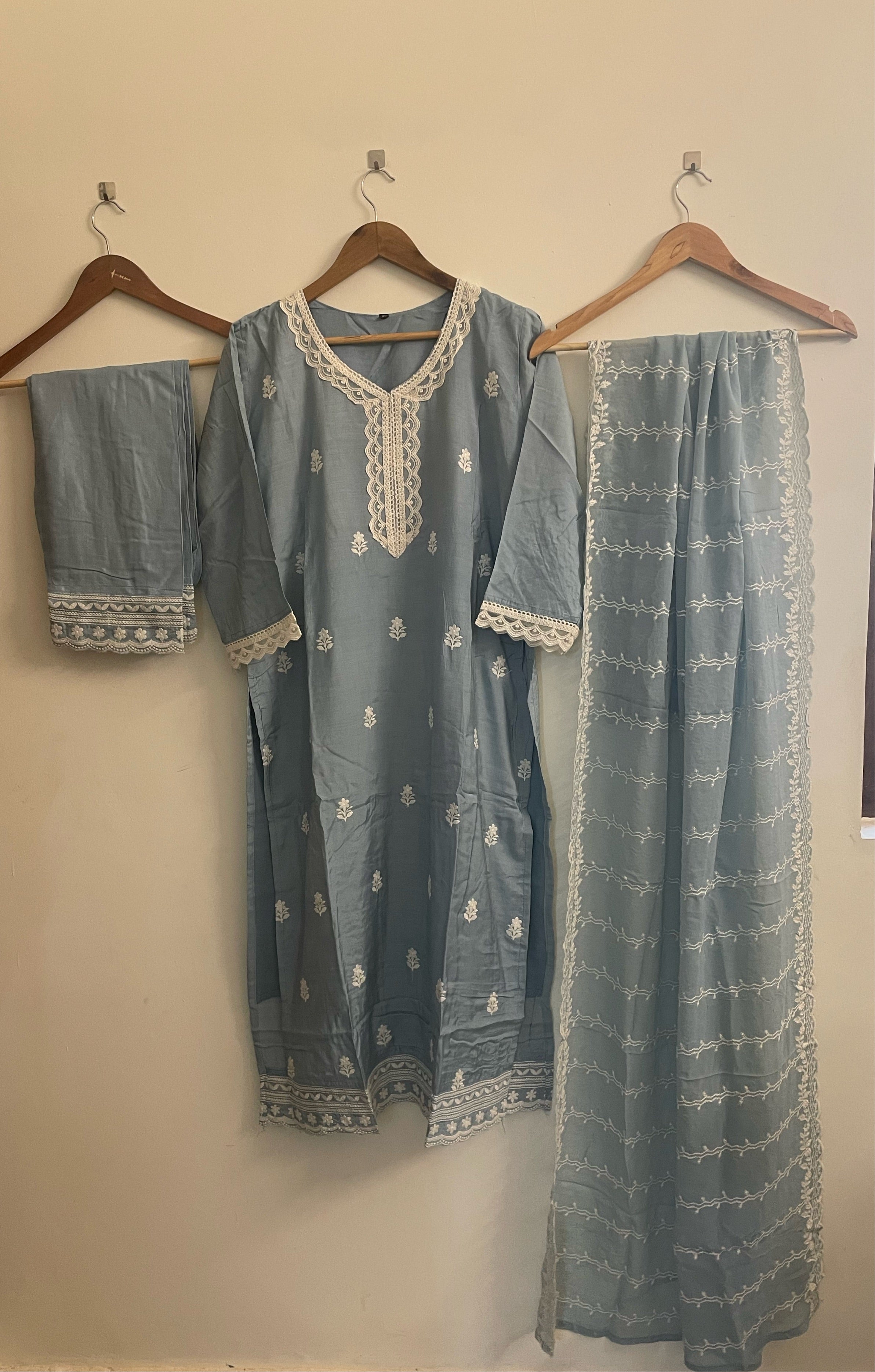 Embroidered muslin suit with georgette dupatta