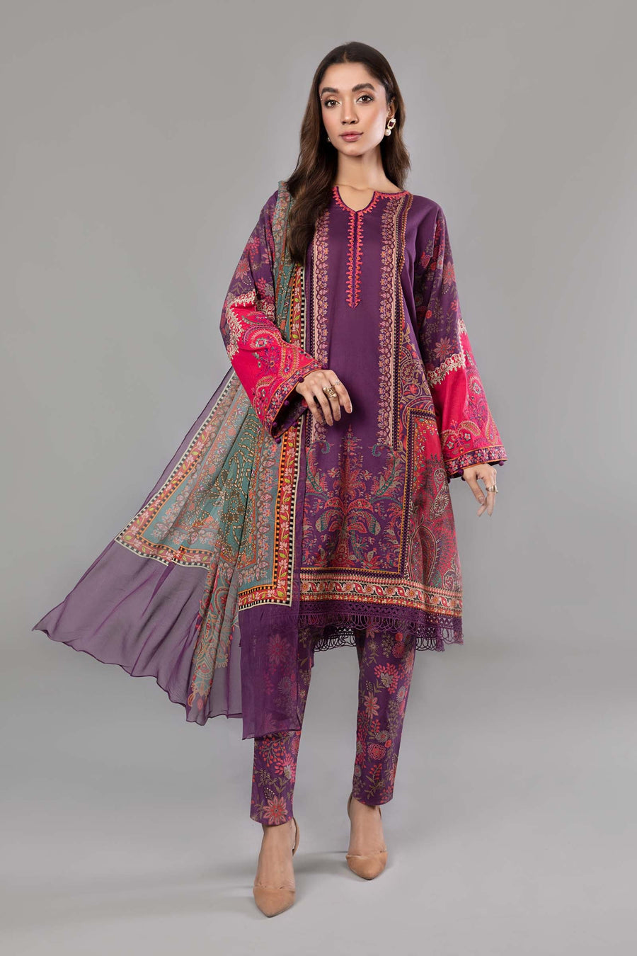 Purple Printed casual suit with chiffon dupatta