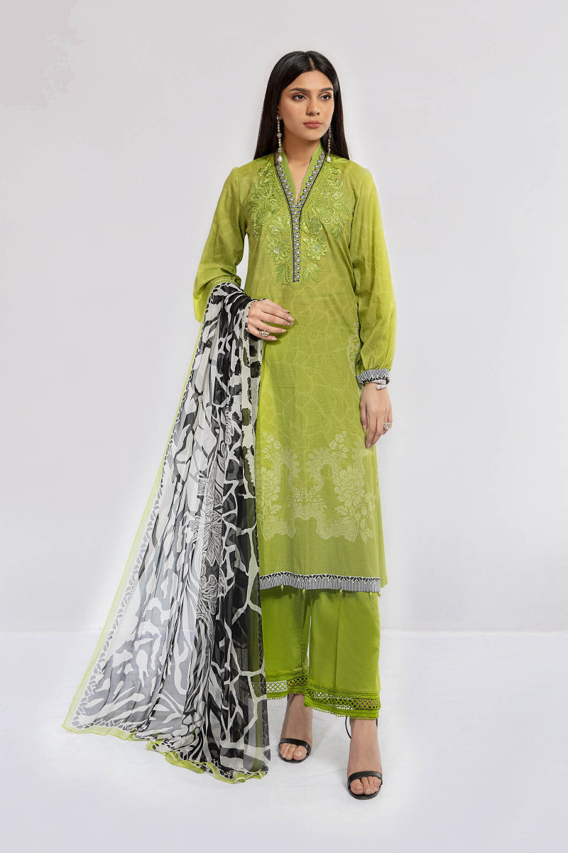 Green Printed casual suit with chiffon dupatta