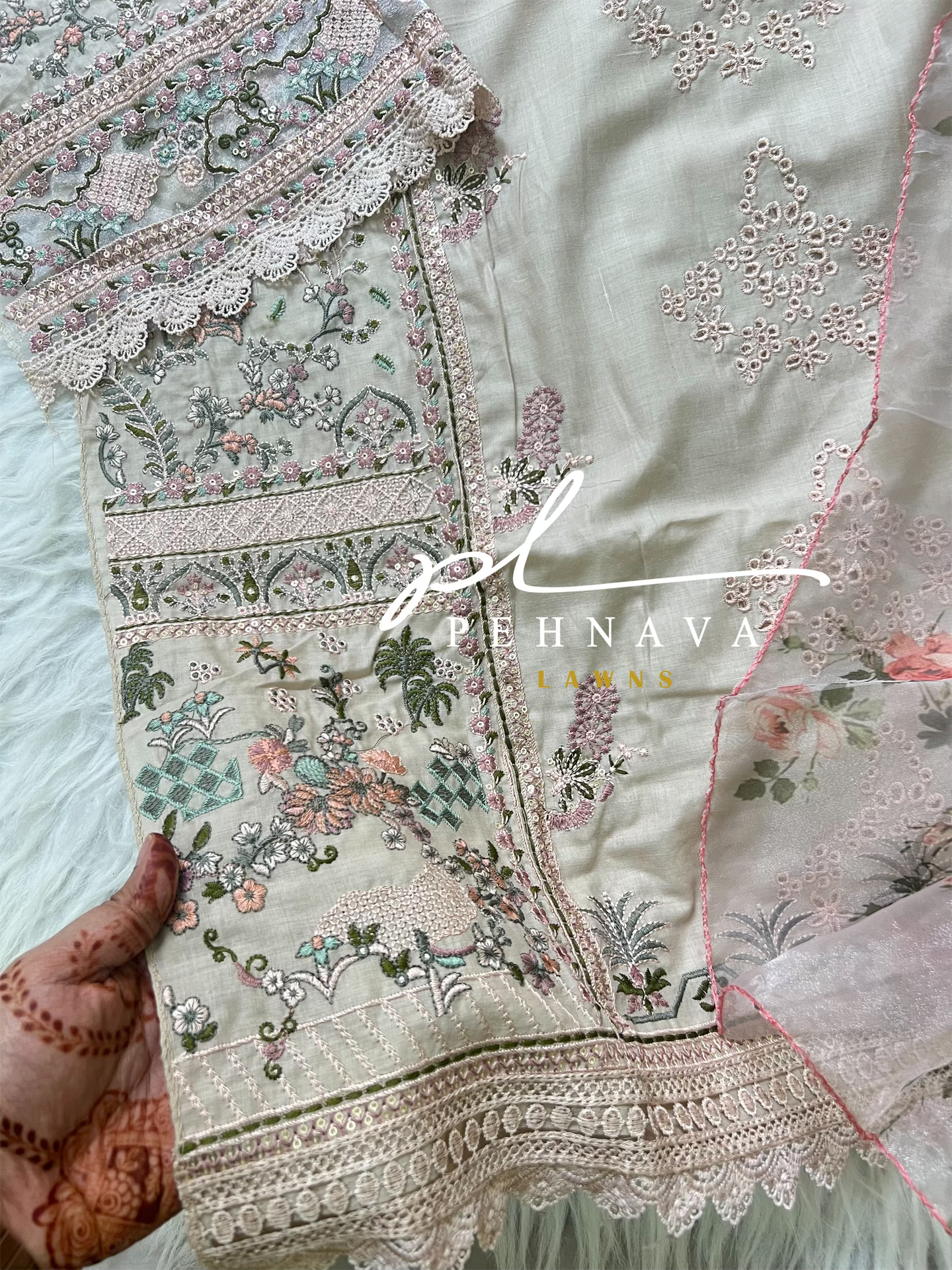 Embroidered suit with organza floral dupatta