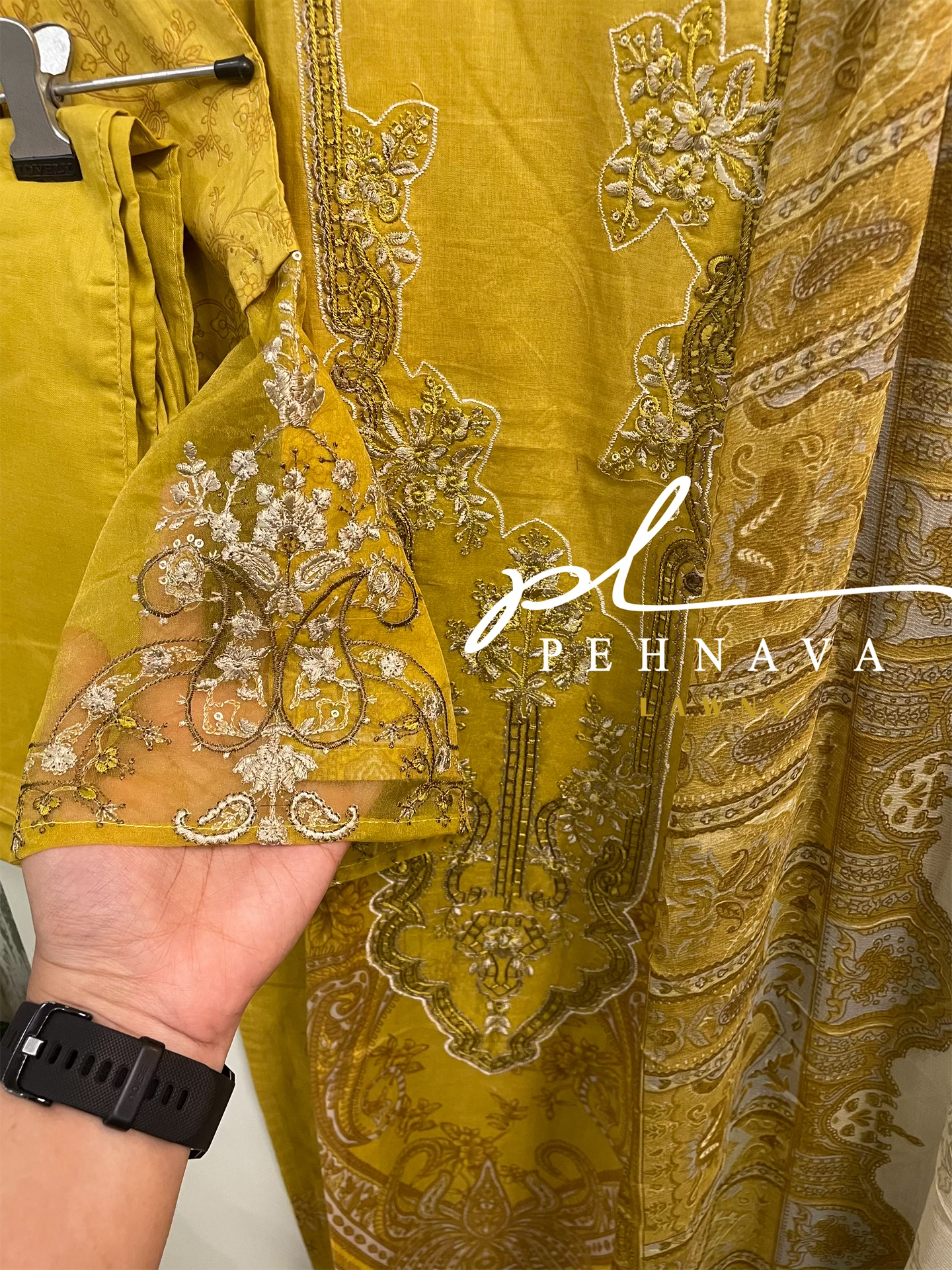 Printed yellow casual suit with chiffon dupatta-3197