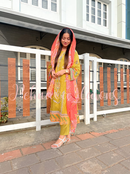 Yellow Cotton embroidered casual suit - Pehnava Lawns