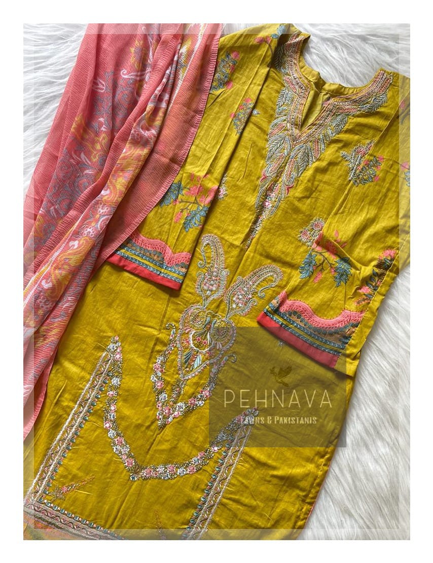 Yellow Cotton embroidered casual suit - Pehnava Lawns